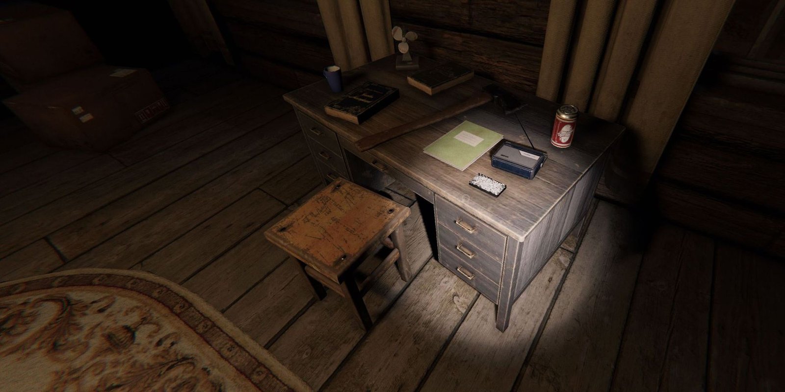Image depicts a flashlight pointing at a small wooden desk in Bleasdale Farmhouse in Phasmophobia.