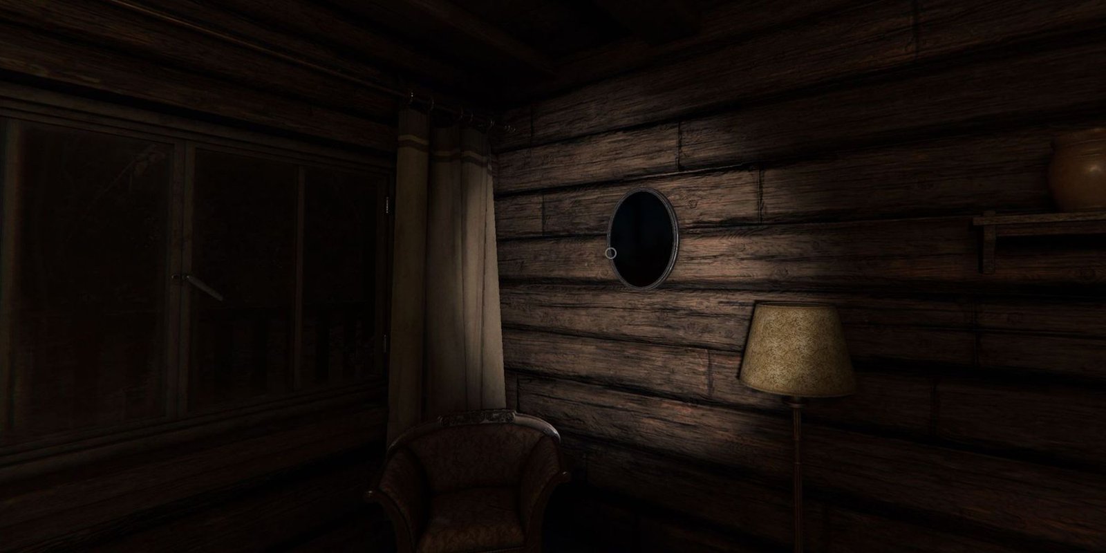 Image depicts a mirror on the wall next to a floor lamp and chair. This image is from Bleasdale Farmhouse in Phasmophobia.