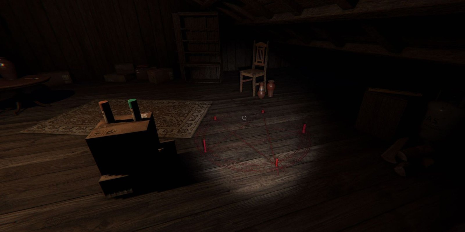 Image depicts a red summoning circle on the floor next to two boxes on Bleasdale Farmhouse in Phasmophobia.