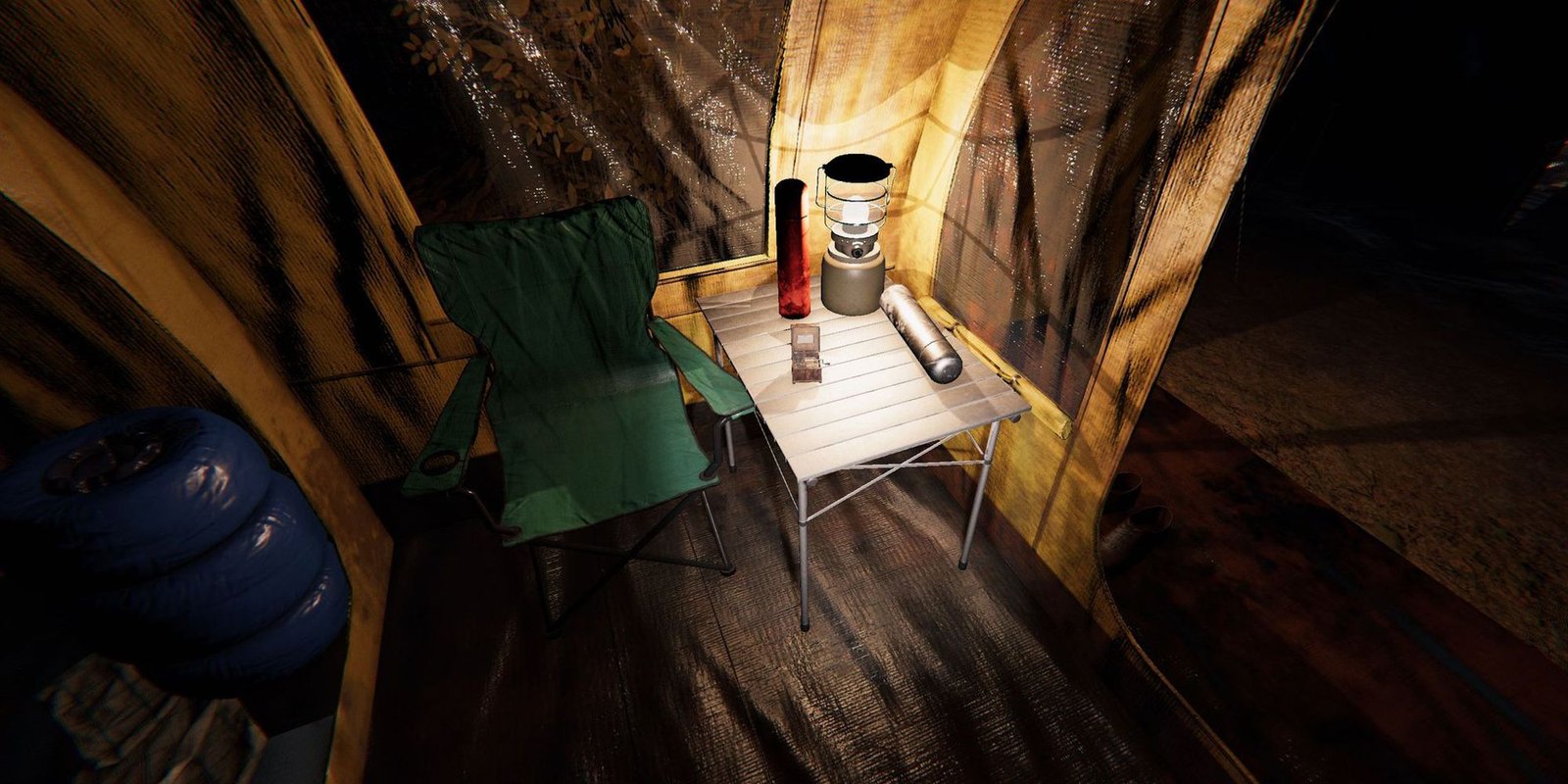 Image depicts a music box on a small camping table next to a lantern and flashlight on Camp Woodwind in Phasmophobia. 