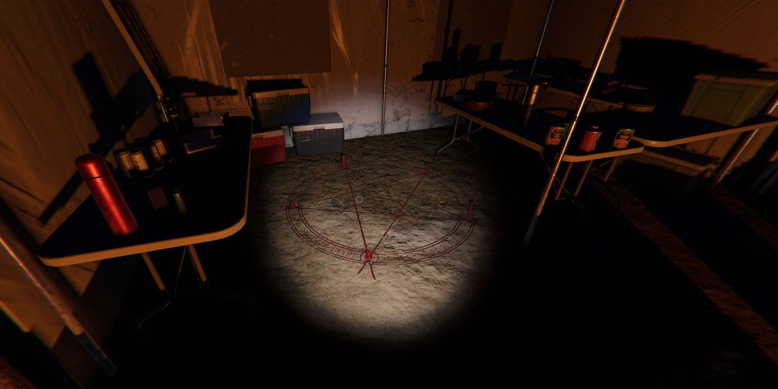 Image depicts a red summoning circle on the ground in a tent on Camp Woodwind in Phasmophobia.