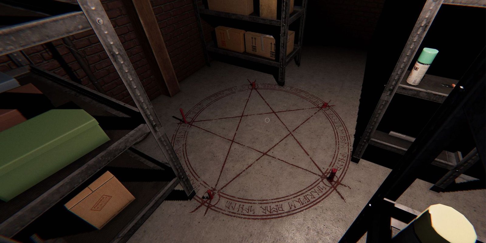 Image depicts a red summoning circle on the ground next to some shelves on Edgefield Road in Phasmophobia.