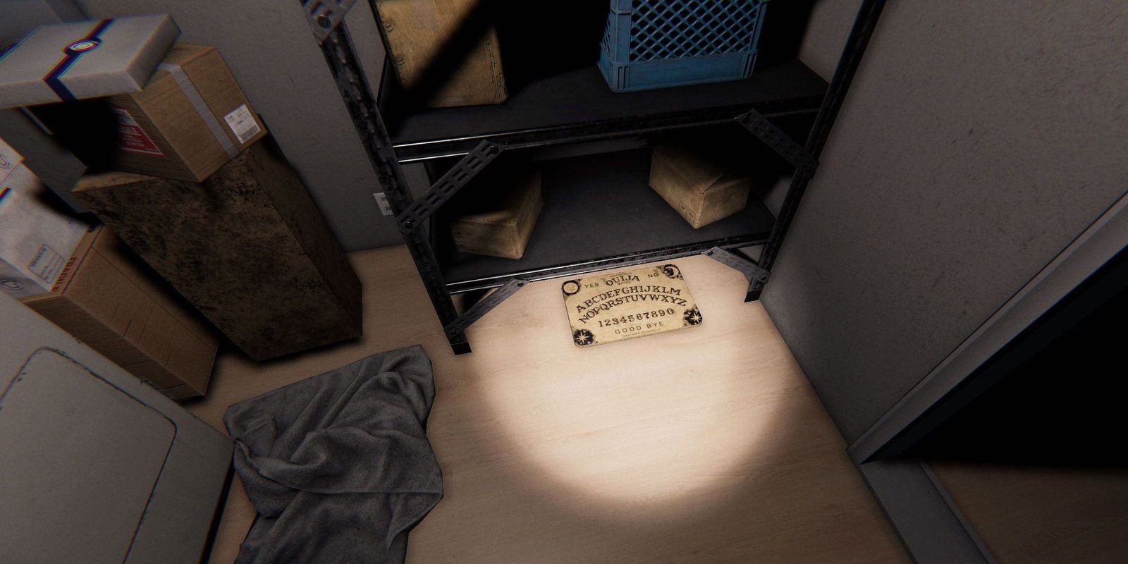 Image depicts a Ouija Board on the ground in a utility room on Edgefield Road in Phasmophobia