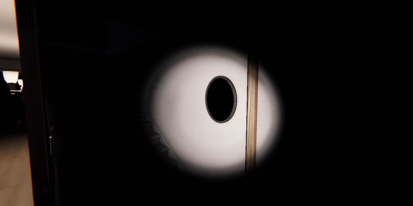 Image depicts a haunted mirror on the wall in a shadowy area, with the mirror being lit up by a flashlight. This is on Edgefield Road in Phasmophobia. 