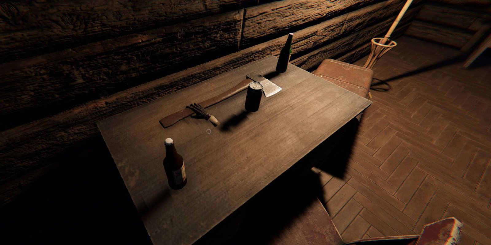 Image depicts a monkey paw holding an axe on a wooden table in Grafton Farmhouse in Phasmophobia.