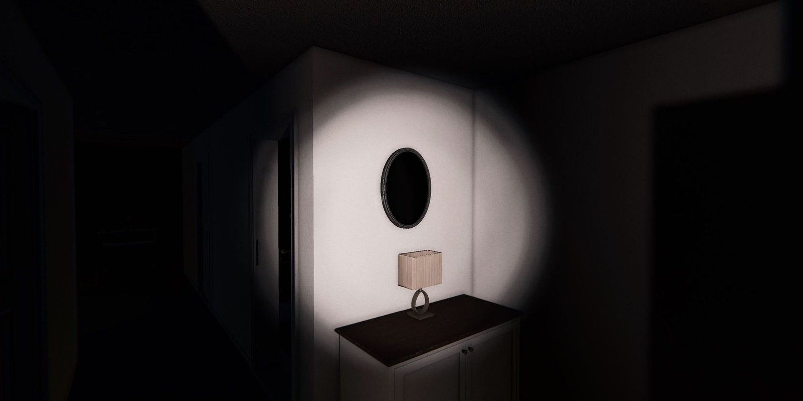Image depicts the haunted mirror on the wall in Ridgeview Court in Phasmophobia.