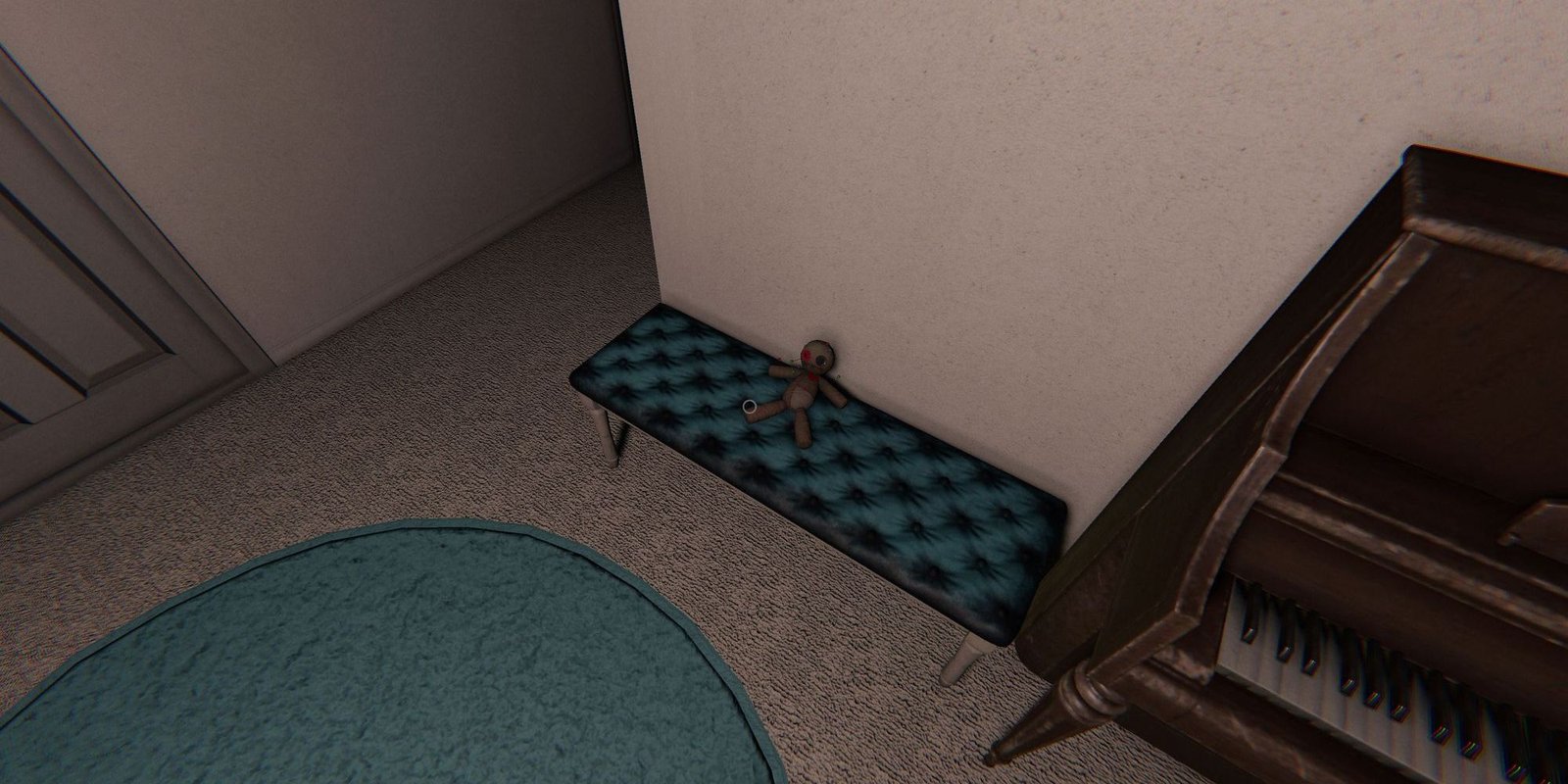Image depicts a voodoo doll on a blue padded bench next to a piano in Ridgeview Court in Phasmophobia