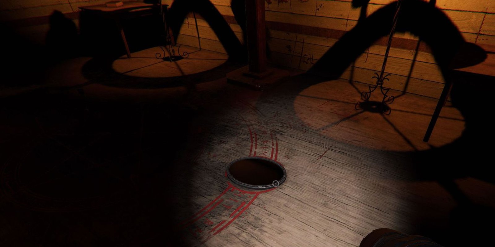 Image depicts a haunted mirror on the ground in a circle in the Chapel of Sunny Meadows in Phasmophobia.