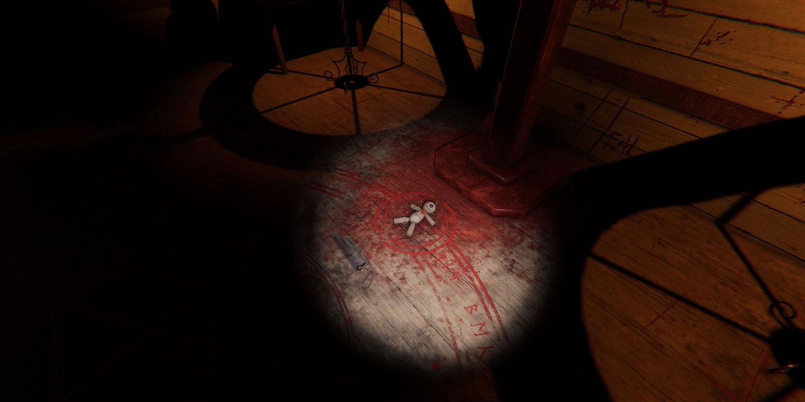 Image depicts a voodoo doll on a bloody floor in front of a red post in the chapel of Sunny Meadows in Phasmophobia.