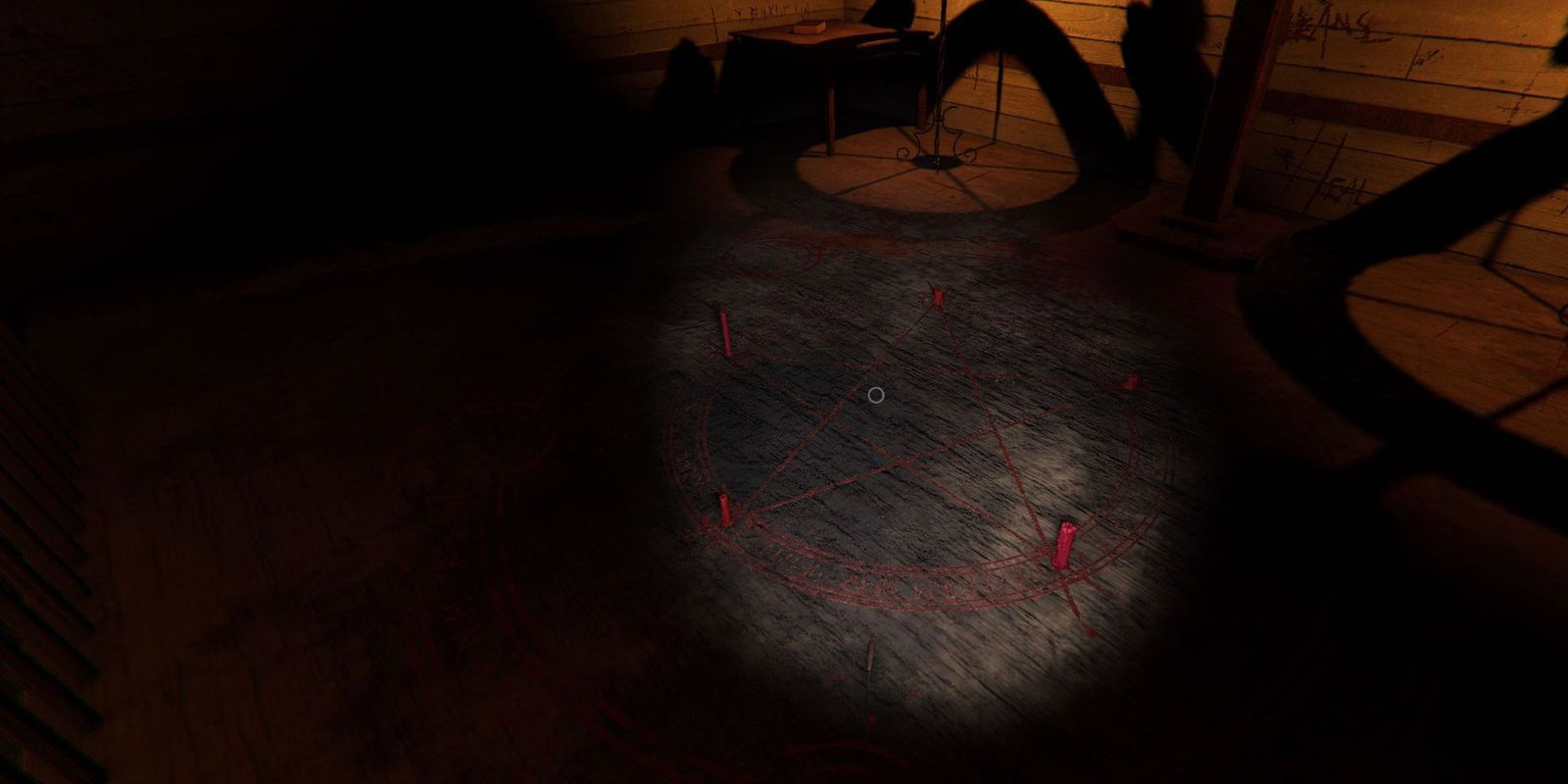 Image depicts a red summoning circle on the ground in the chapel of Sunny Meadows in Phasmophobia.