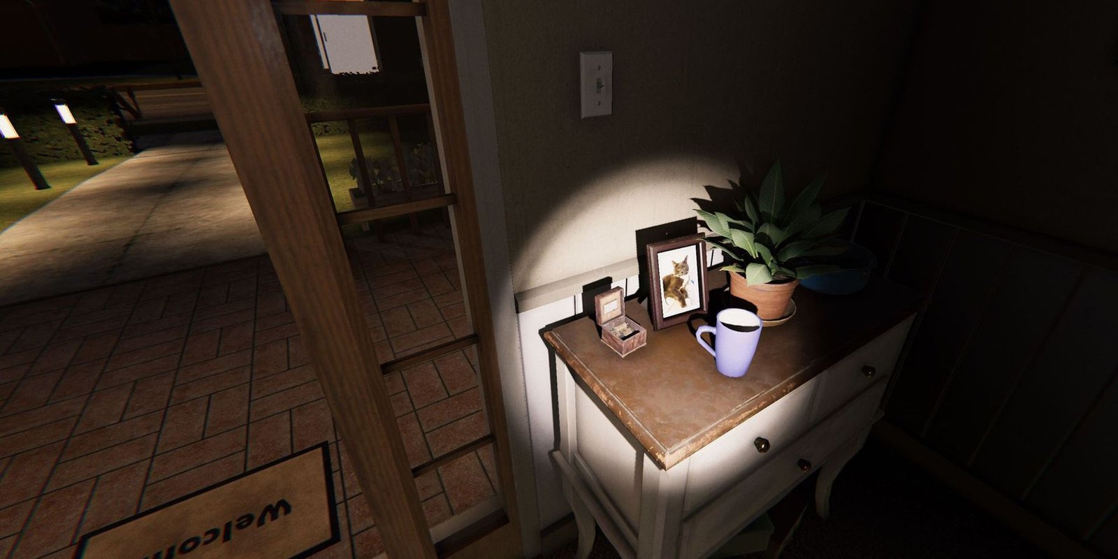 Image depicts a music box on a white dresser next to the front door of Willow Street in Phasmophobia.