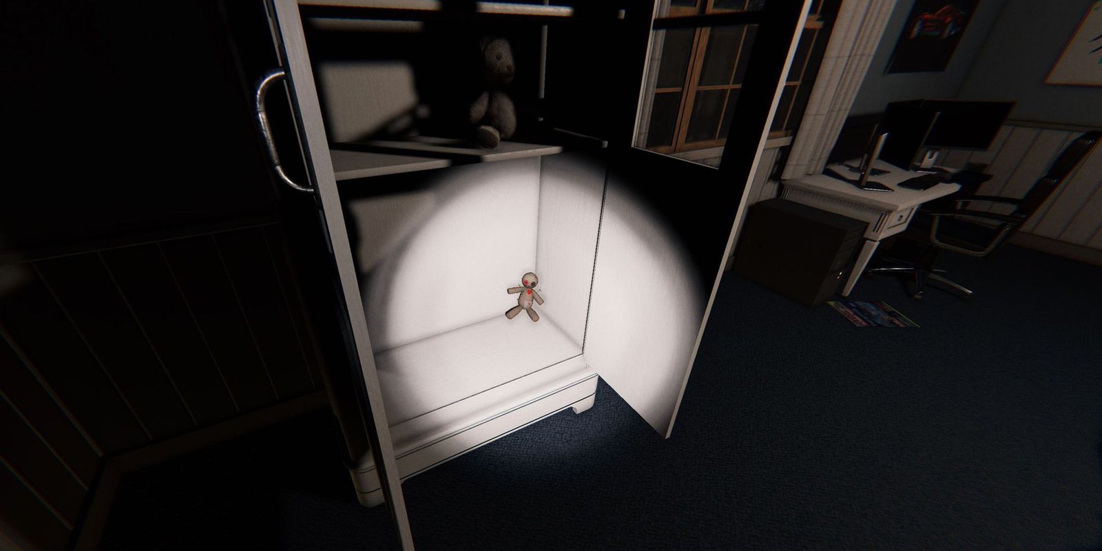 Image depicts a voodoo doll in an open cupboard in the bedroom of Willow Street in Phasmophobia.