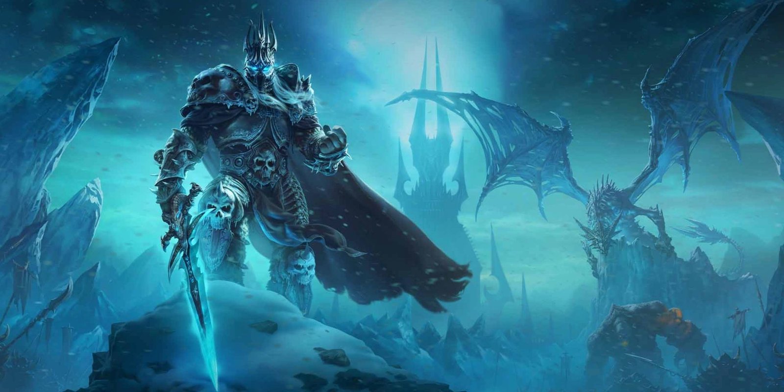 The Lich King stands outside the Icecrown Citadel in promo art for World of Warcraft: Wrath of the Lich King