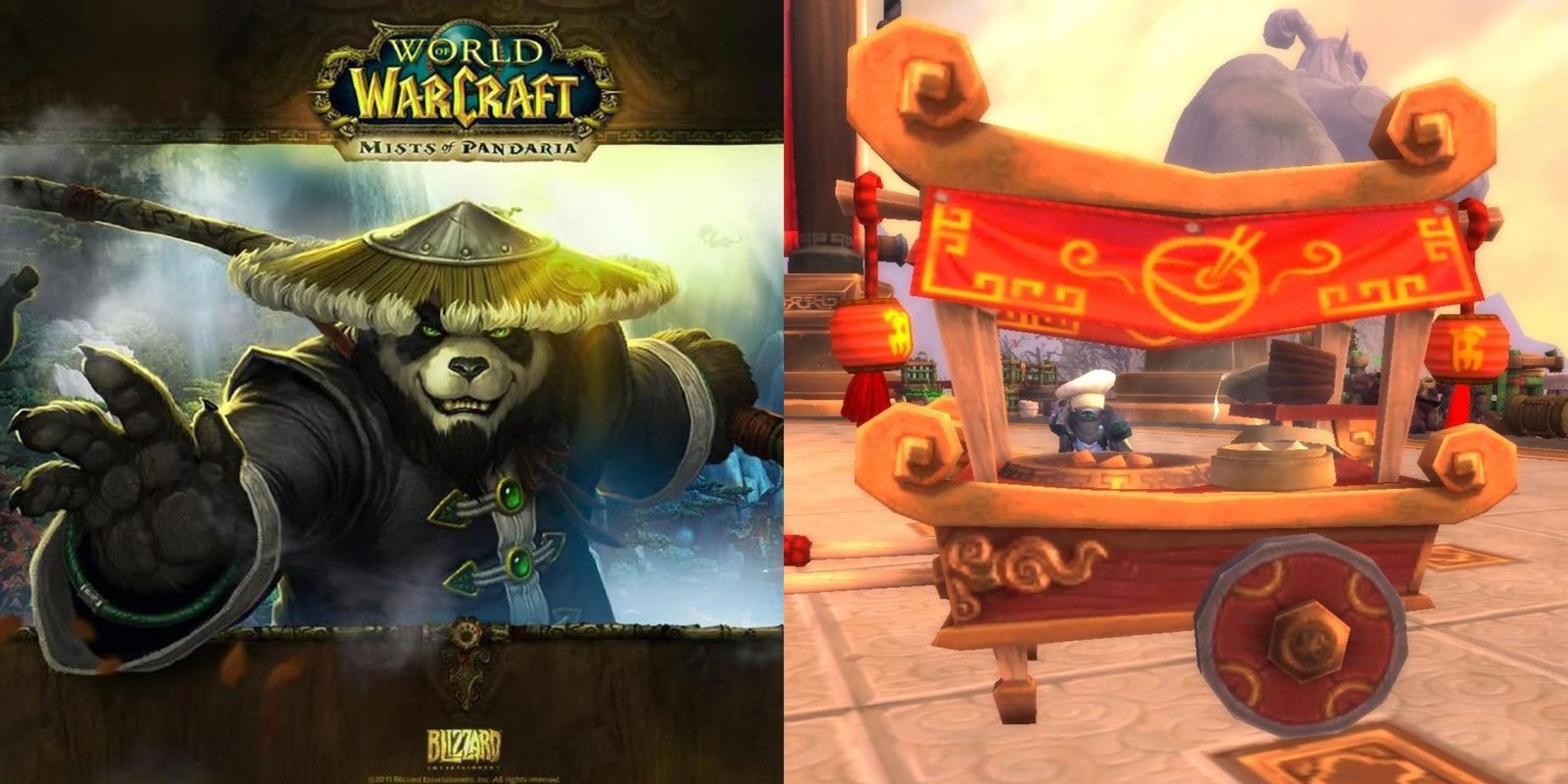 Mists of Pandaria logo (left) and the Pandaren Treasure Noodle Cart (right)
