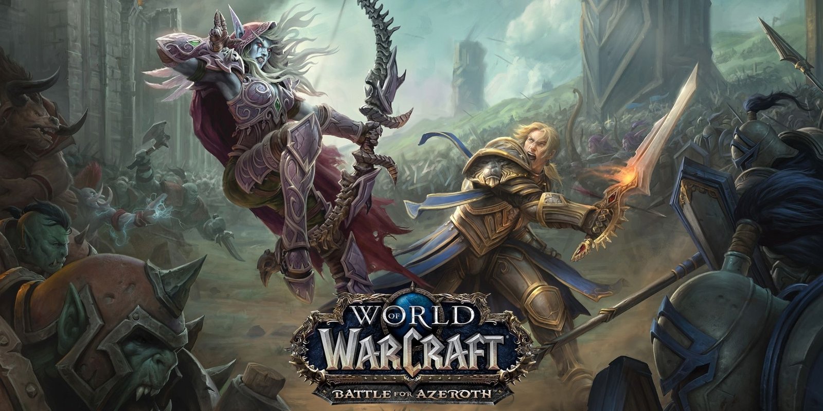 Promo art for World of Warcraft: Battle for Azeroth, depicting Sylvanus Windrunner fighting Anduin  