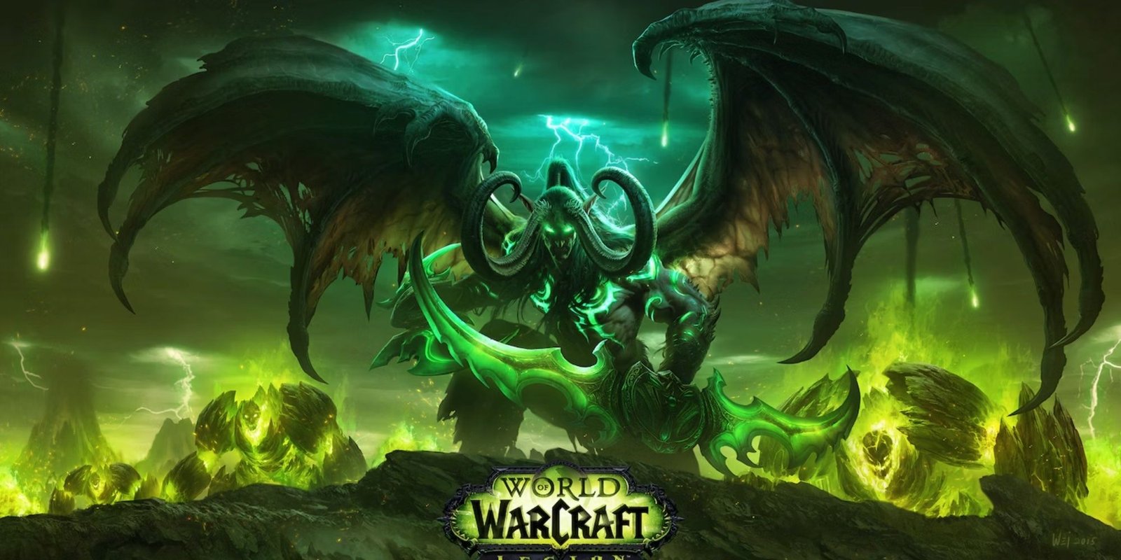 World of Warcraft Legion artwork featuring Illidan Stormrage in a world of green fire, lightning, and demons 
