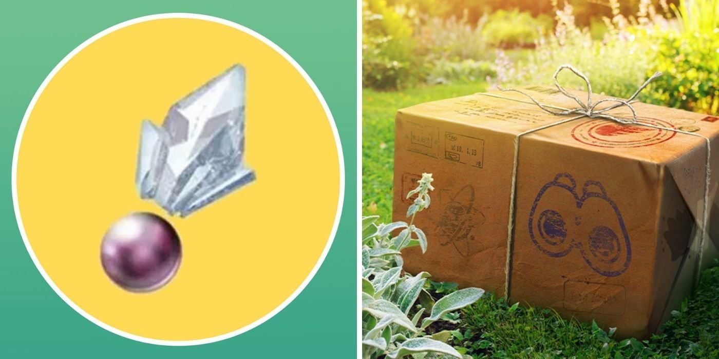 Pokemon GO Split Image - Sinnoh Stone on left, Research Breakthrough Package on right