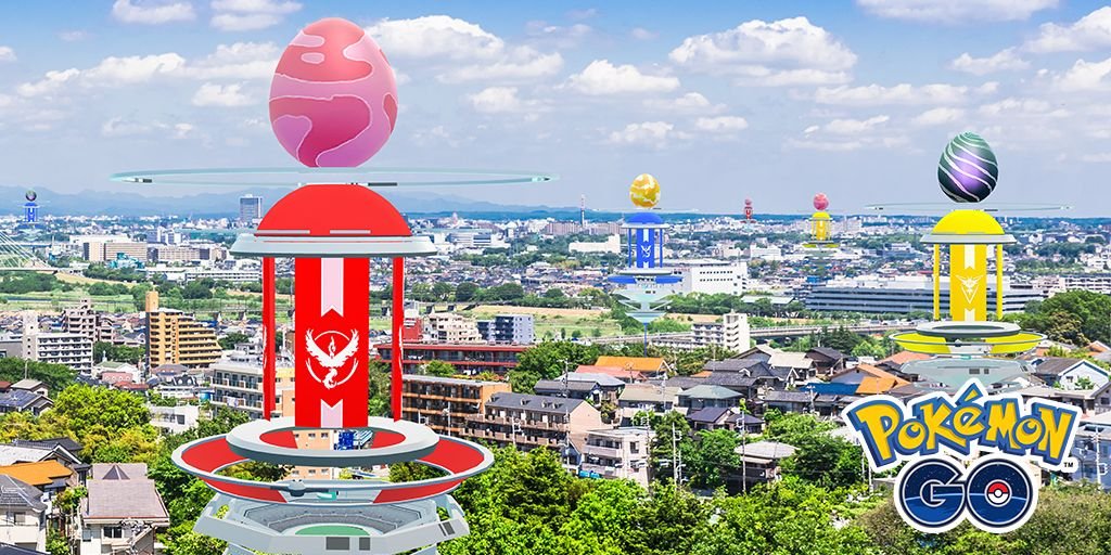 Several Pokemon Go Raids scattered throughout a crowded city, with the Pokemon Go logo in the corner