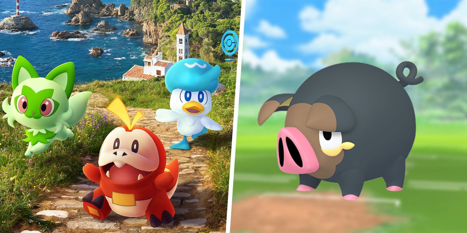 Image of Sprigatito, Fuecoco, and Quaxly split with an image of Lechonk from Pokemon