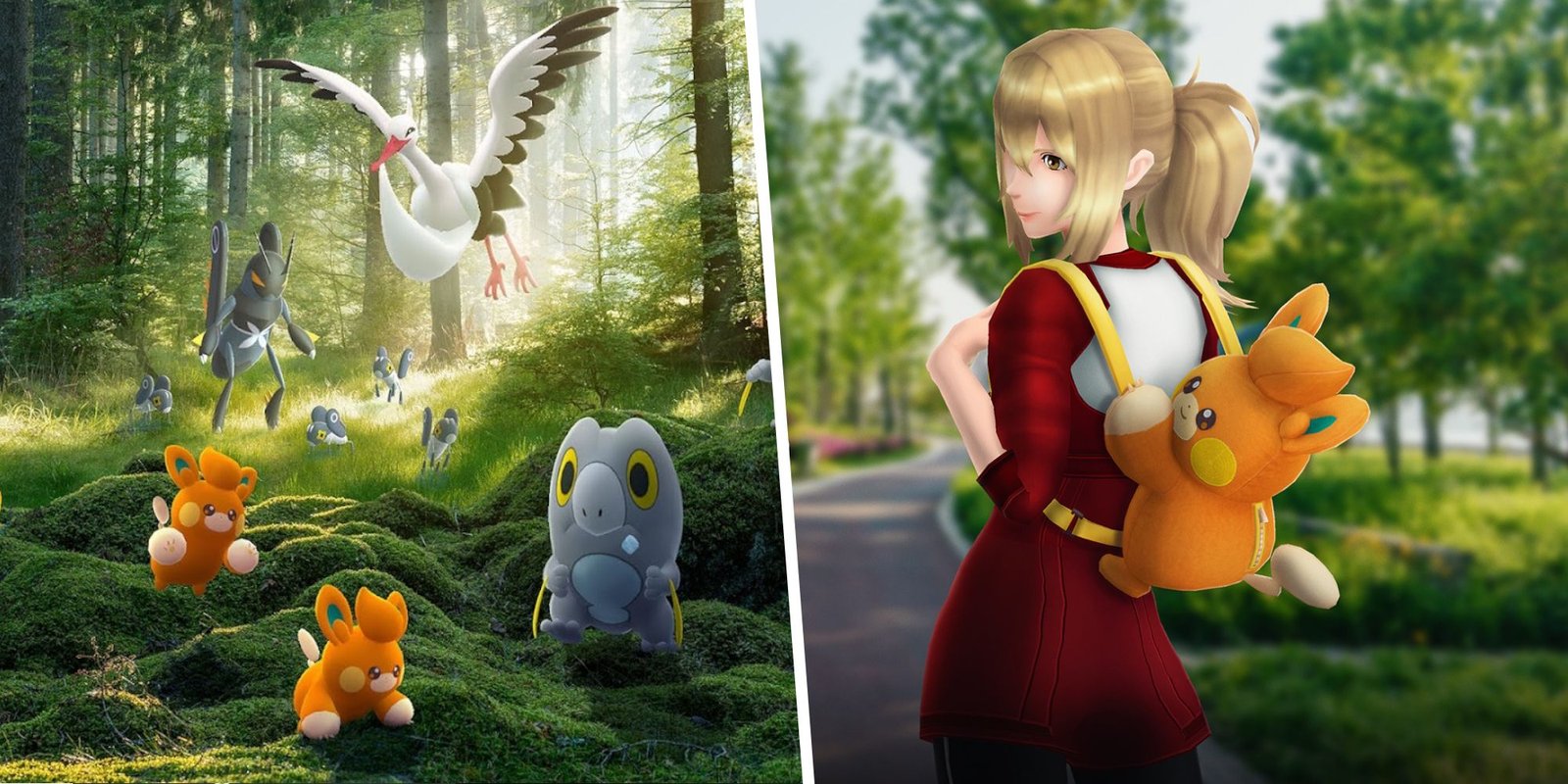Image of different generation nine Pokemon split with an image of an avatar in a Pawmi Backpack
