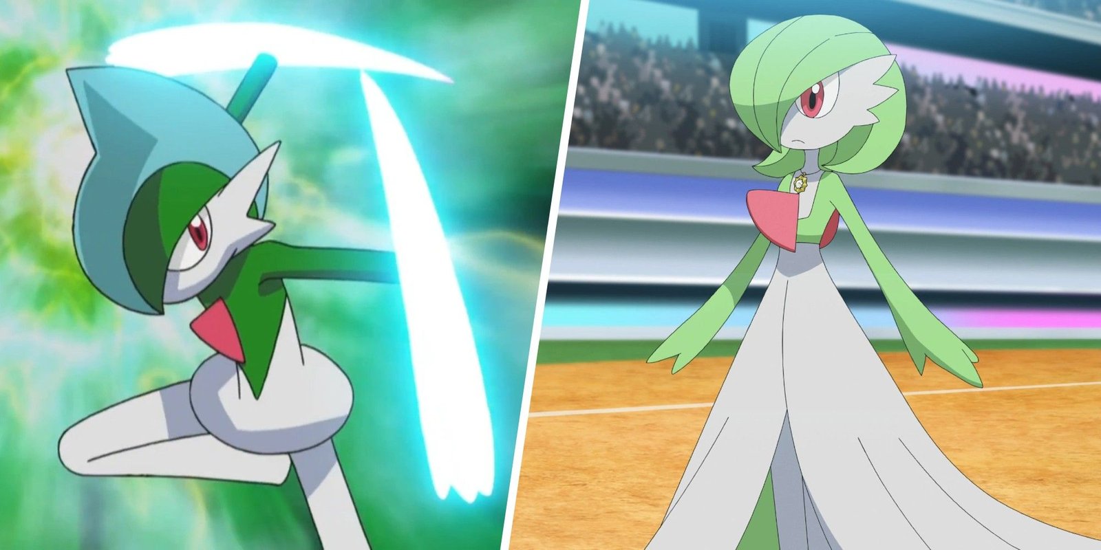 Gardevoir & Gallade side by side: Gallade on the left using leaf blade, Gardevoir on the right looking nervous