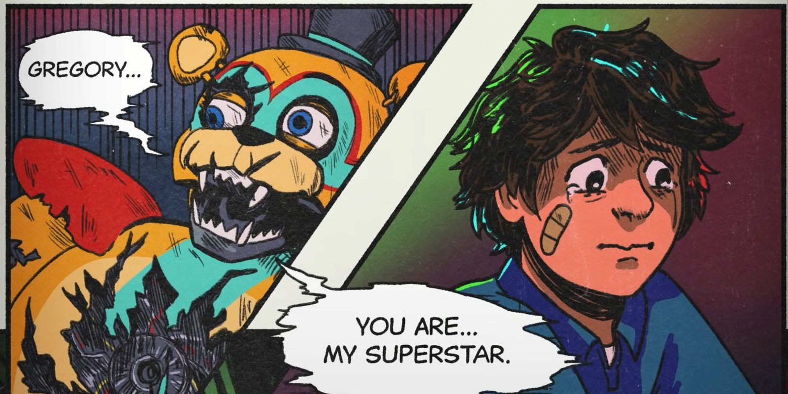 Five Nights At Freddys (FNAF) Security Breach (SB) secone ending, Featuring Glamrock Freddy's dying moments and reassuring Gregory as he cries