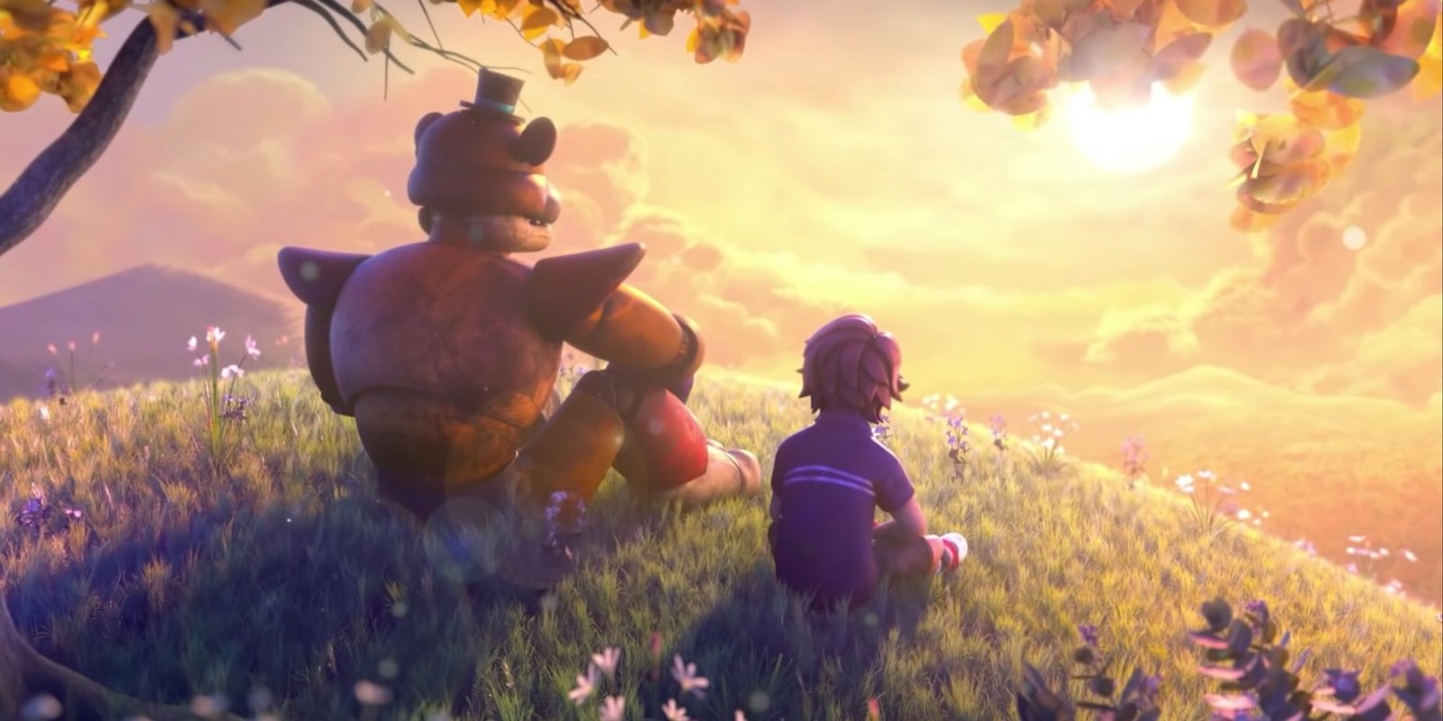 Five Nights At Freddys (FNAF) Security Breach (SB) True Ending, featuring Glamrock Freddy and Gregory sitting on a hill and watching the sunrise