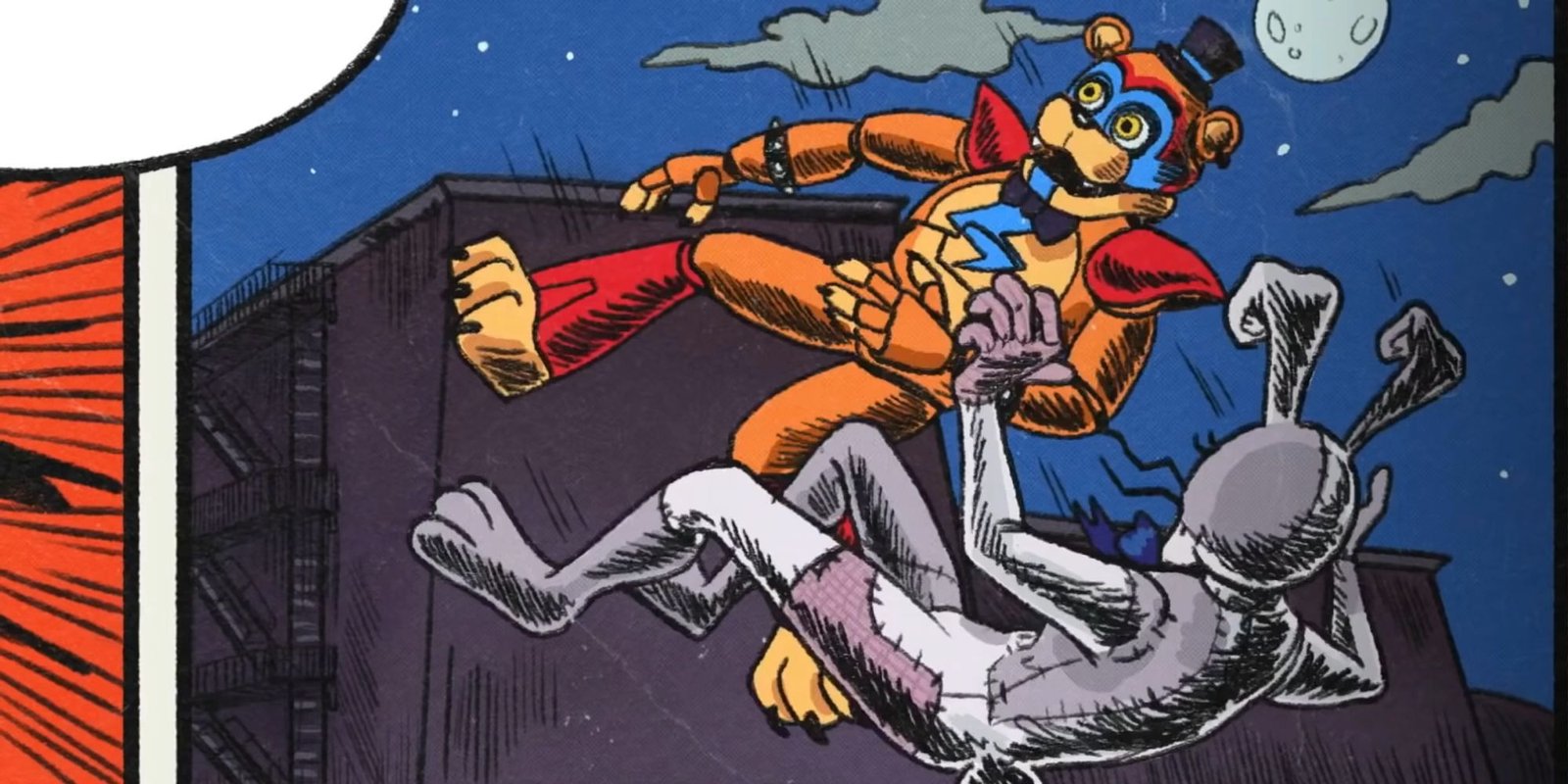 Five Nights At Freddy's (FNAF) Security Breach (SB), third ending, Glamrock Freddy and Vanny falling from the roof of the pizzaplex
