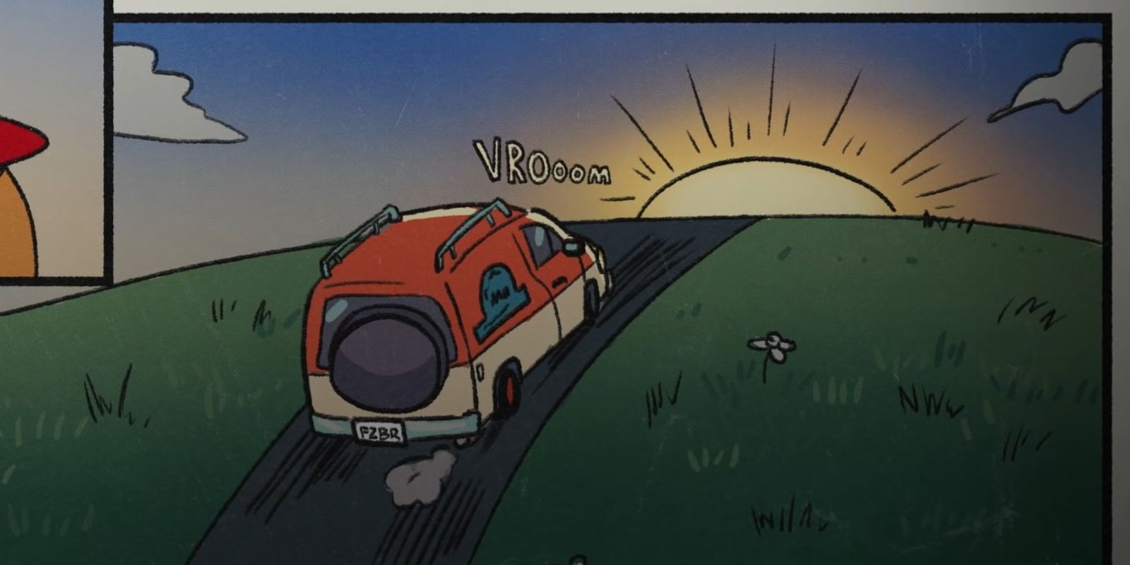 Five Nights At Freddy's (FNAF) Security Breach (SB) Good ending, featuring a van driving off into the sunset