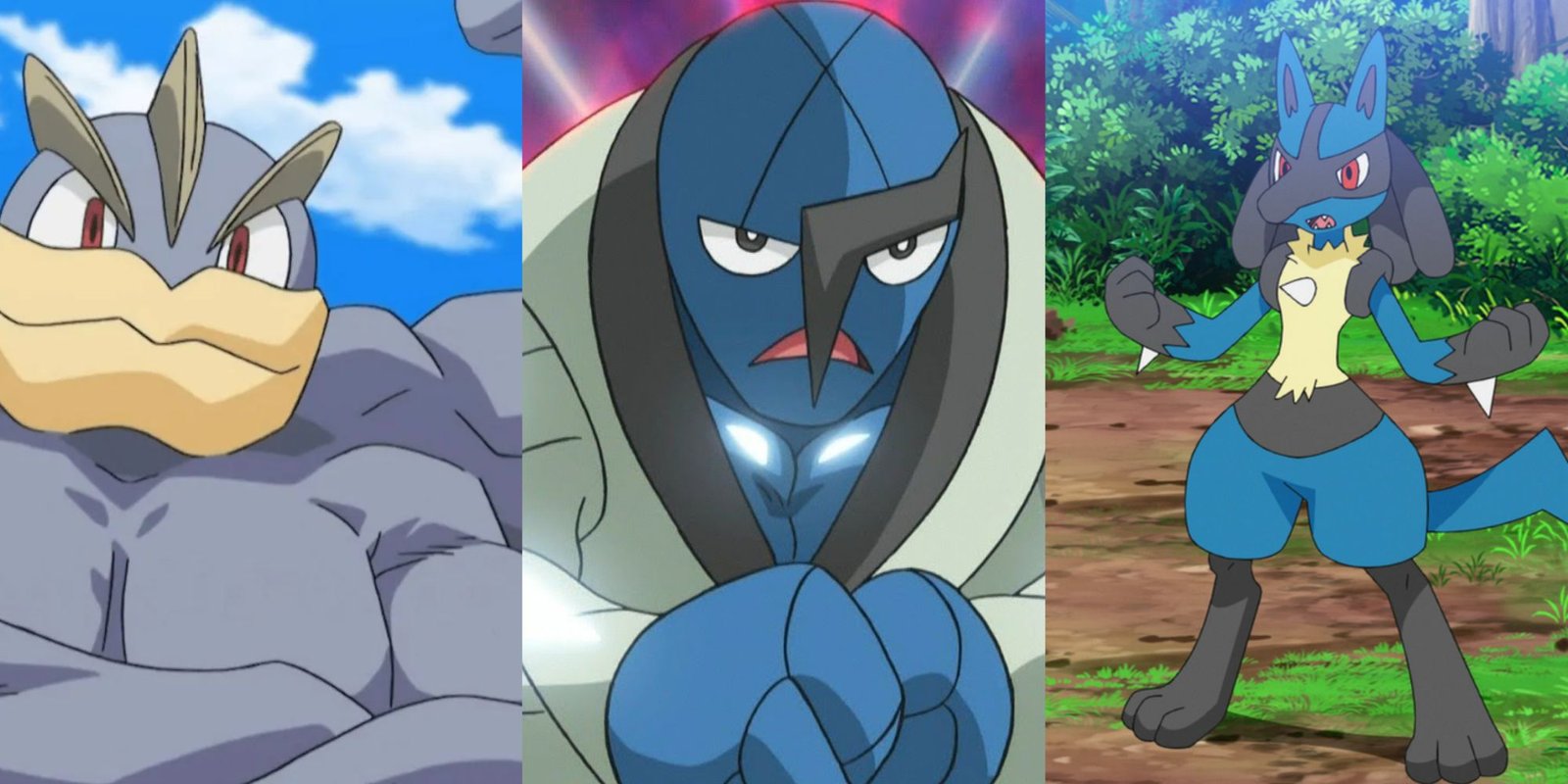 Pokemon: Machamp smiling, Sawk flexing, and Lucario ready to fight
