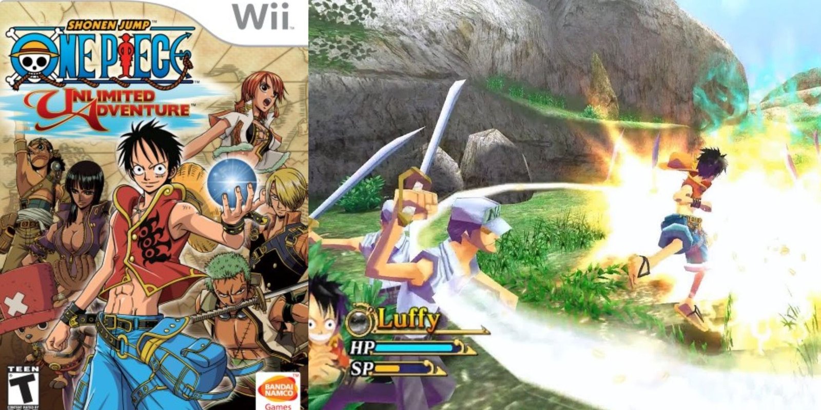 A split-image of the Wii artwork for One Piece: Unlimited Adventure and the main protagonist engaging in battle with foes, resulting in a cloud of smoke.