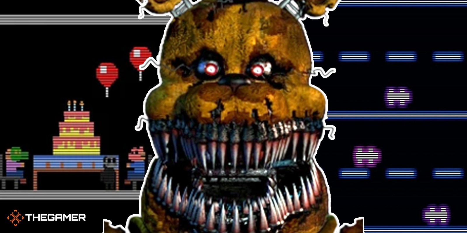 Nightmare Freddy against the backdrop of a minigame screen from Five Nights At Freddy's..