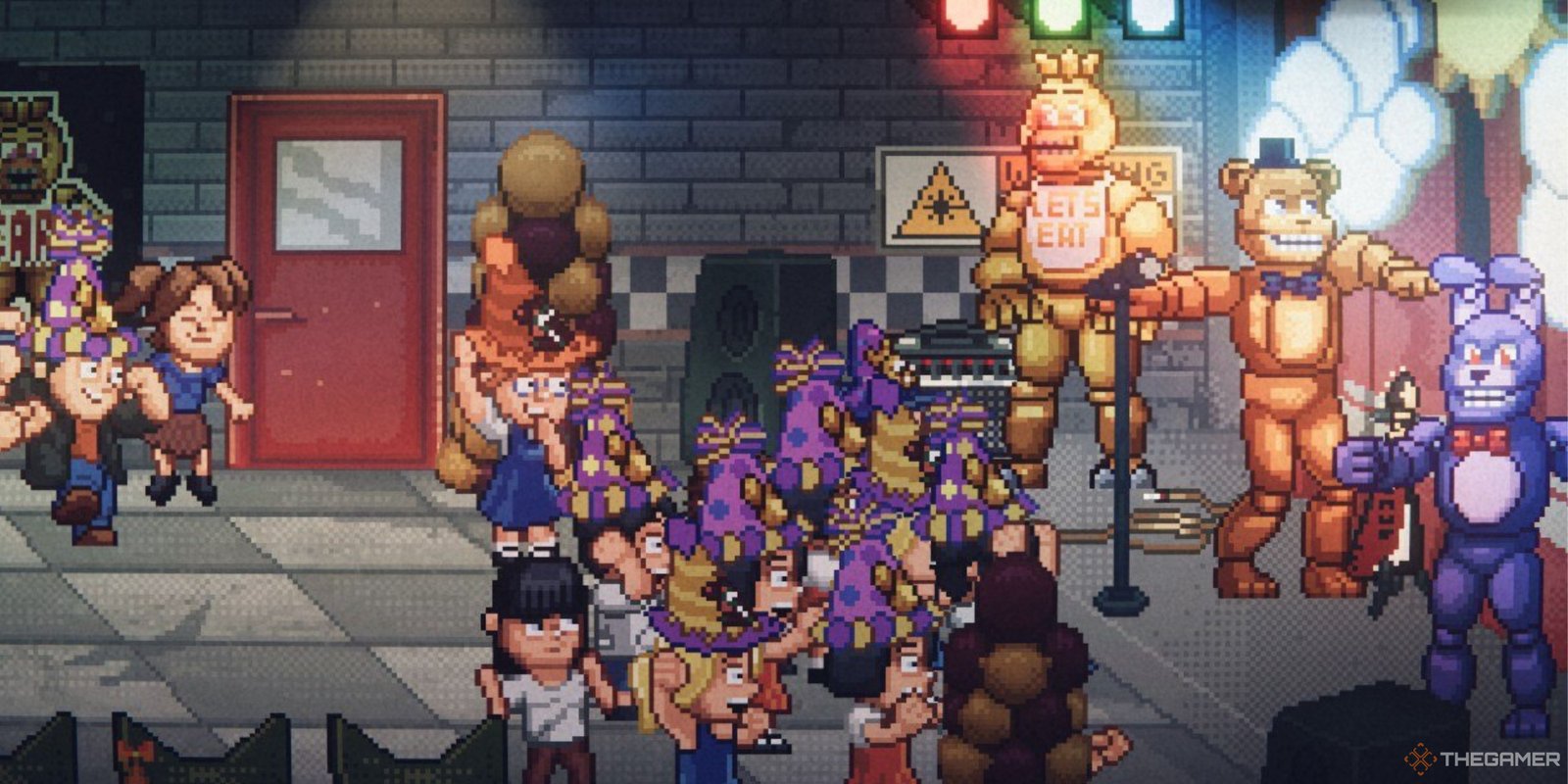 Freddy Fazbear, Bonnie, and Chica perform onstage for a large group of kids in Five Nights at Freddy's Into The Pit.