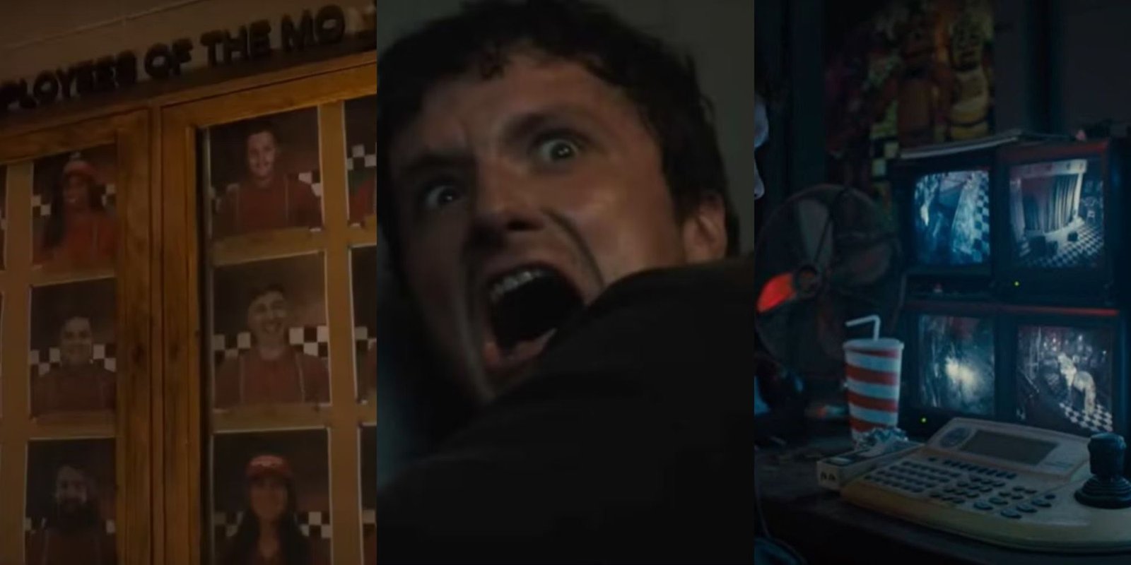 FNAF movie triple image showing employee of the month wall, Mike, and security office
