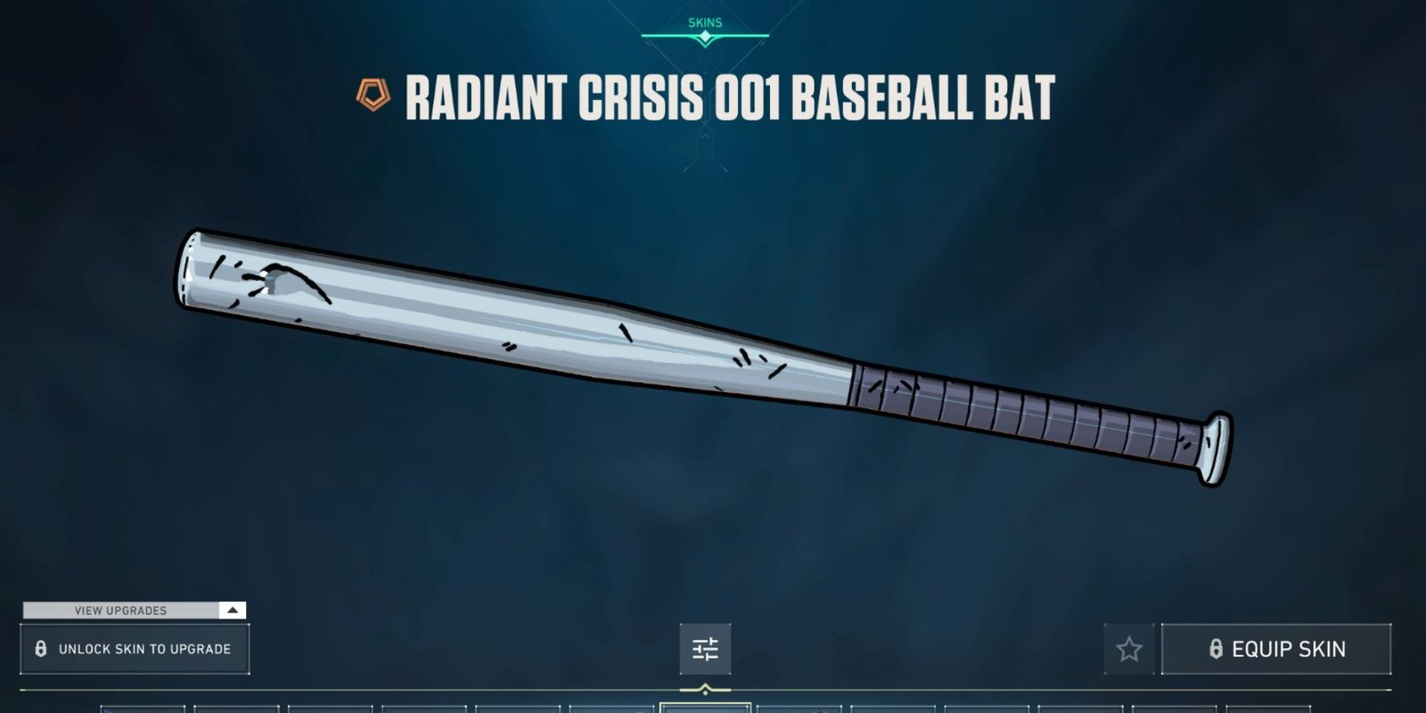 An image from Valorant of the Radiant Crisis 001 Baseball Bat knife skin. This skin transforms your small knife into a large, comic book style baseball bat equipped with unique animations and visiual effects straight out of your favorite comics. 