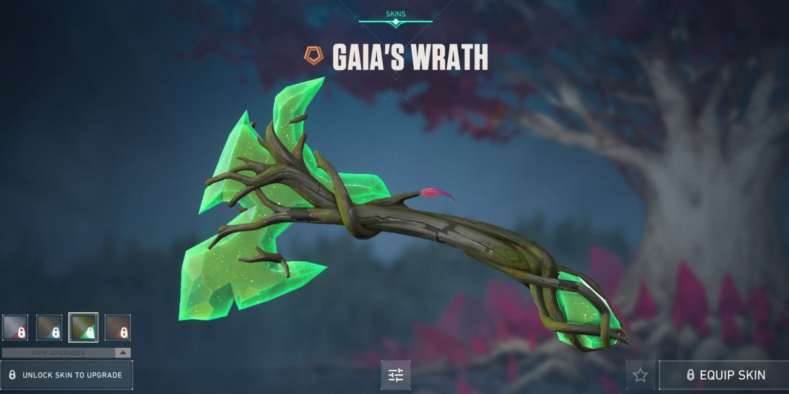 An image from Valorant of the Gaia's Wrath axe, a skin for the knife. This skin transforms the weapon into a earthen axe, made up of crystals and roots of a tree. There are four different recolors, each inspired by a different season. 