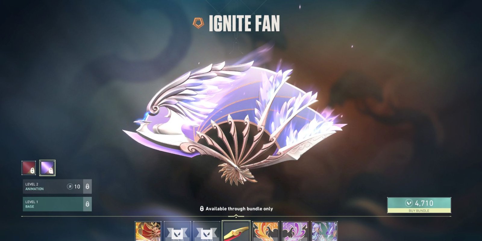 An image from Valorant of the Ignite Fan, a skin for the knife. This Fan has a purple and red color scheme, with flaming wings attached to the fan itself.