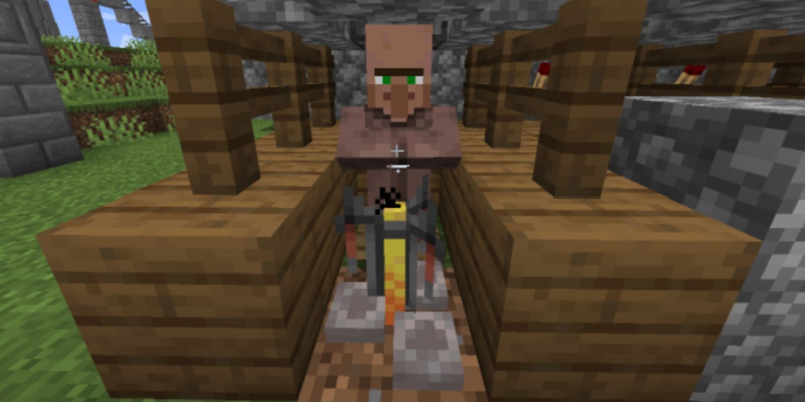 A player looking at a villager behind a brewing stand. 