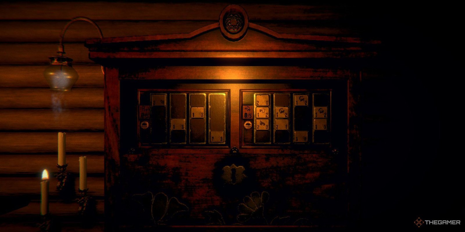A wooden cabinet with sliding puzzles on the front in Inscryption