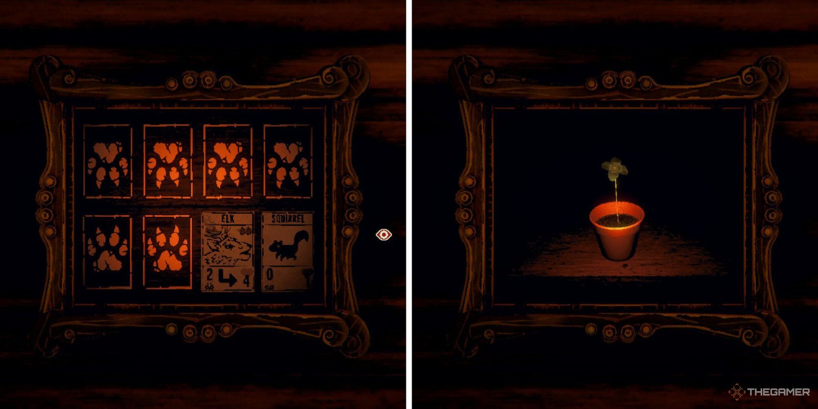 A Split image of a framed game board and a framed picture of a clover in a pot from Inscryption