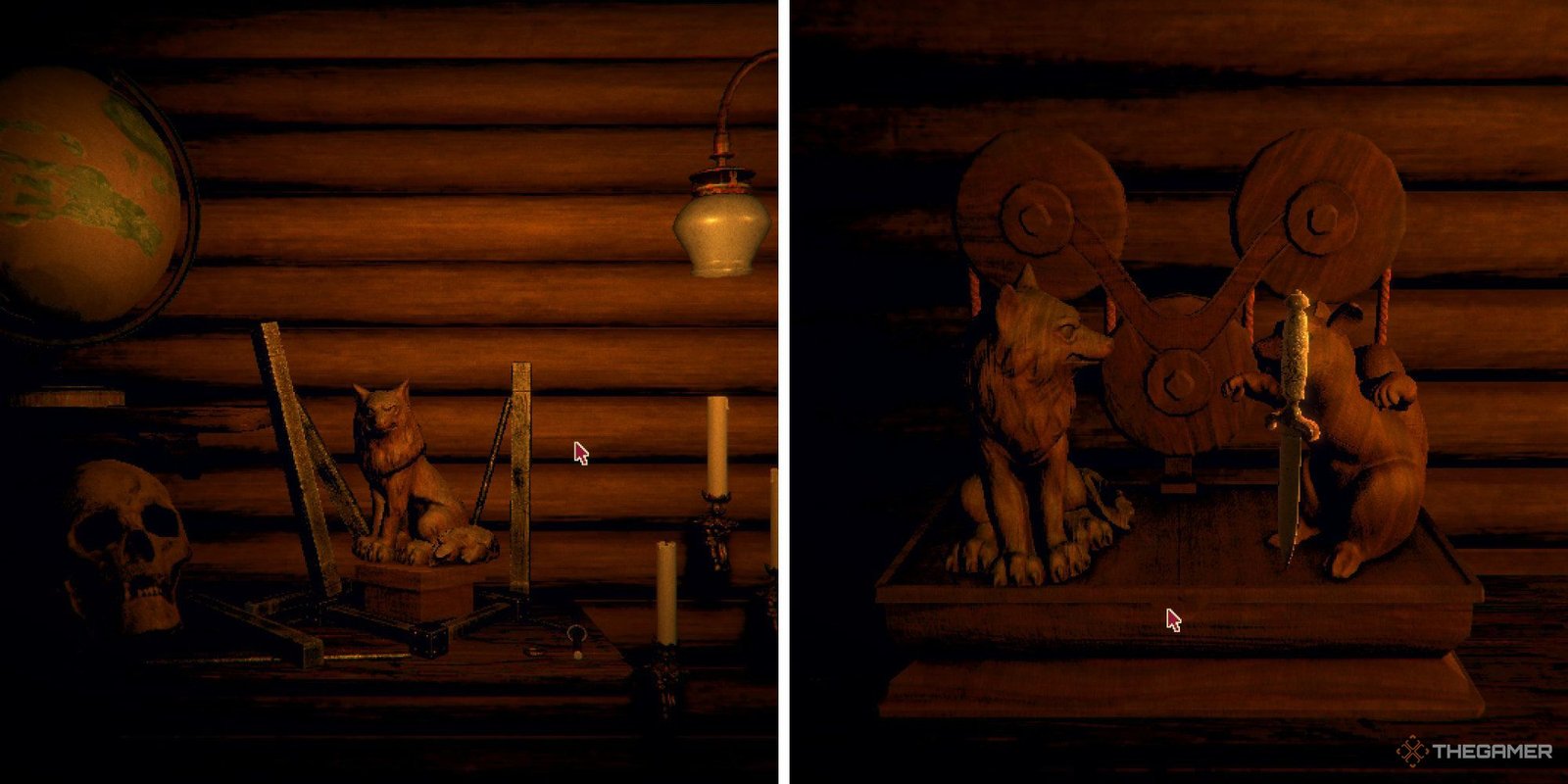 Split image of a wolf carving and that same carving next to a squirrel carving holding a dagger from Inscryption