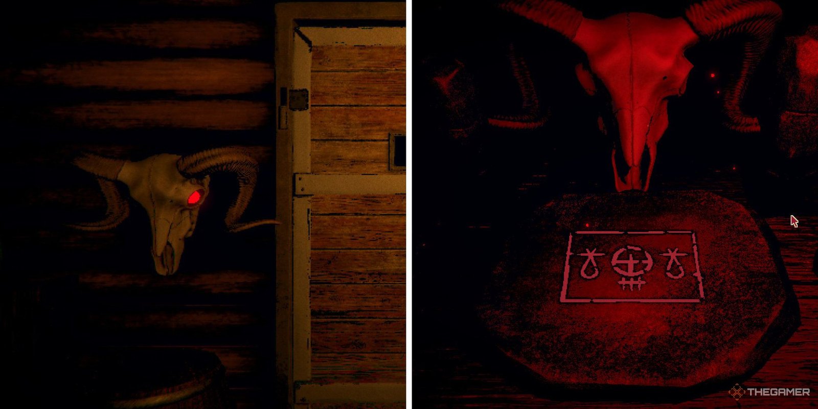 Split Image of a goat skull with glowing eyes on a wall, and of a sacrificial altar in front of a goat skull from Inscryption