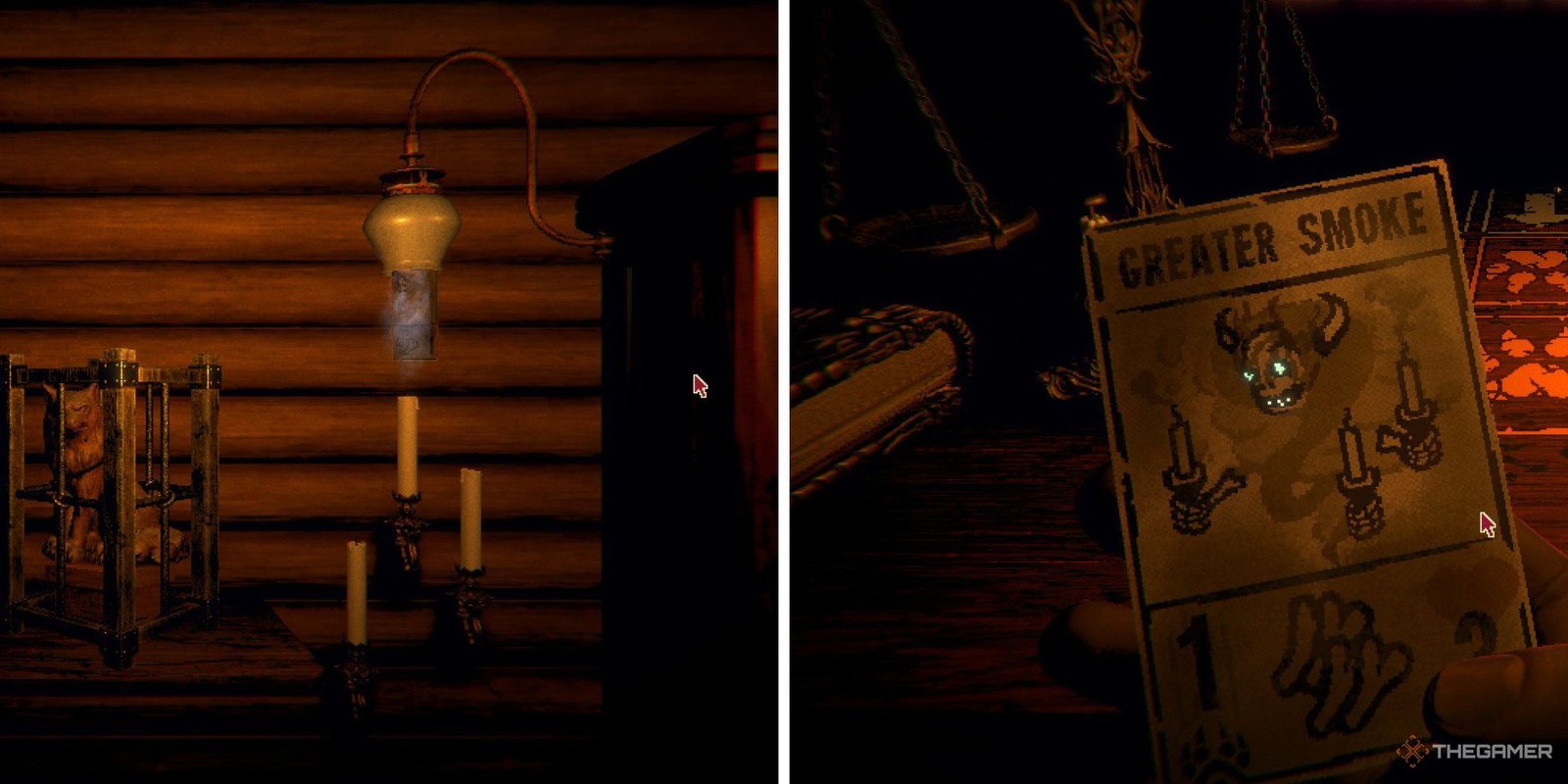 Split image of a recently put out candle and the Greater Smoke card from Inscryption