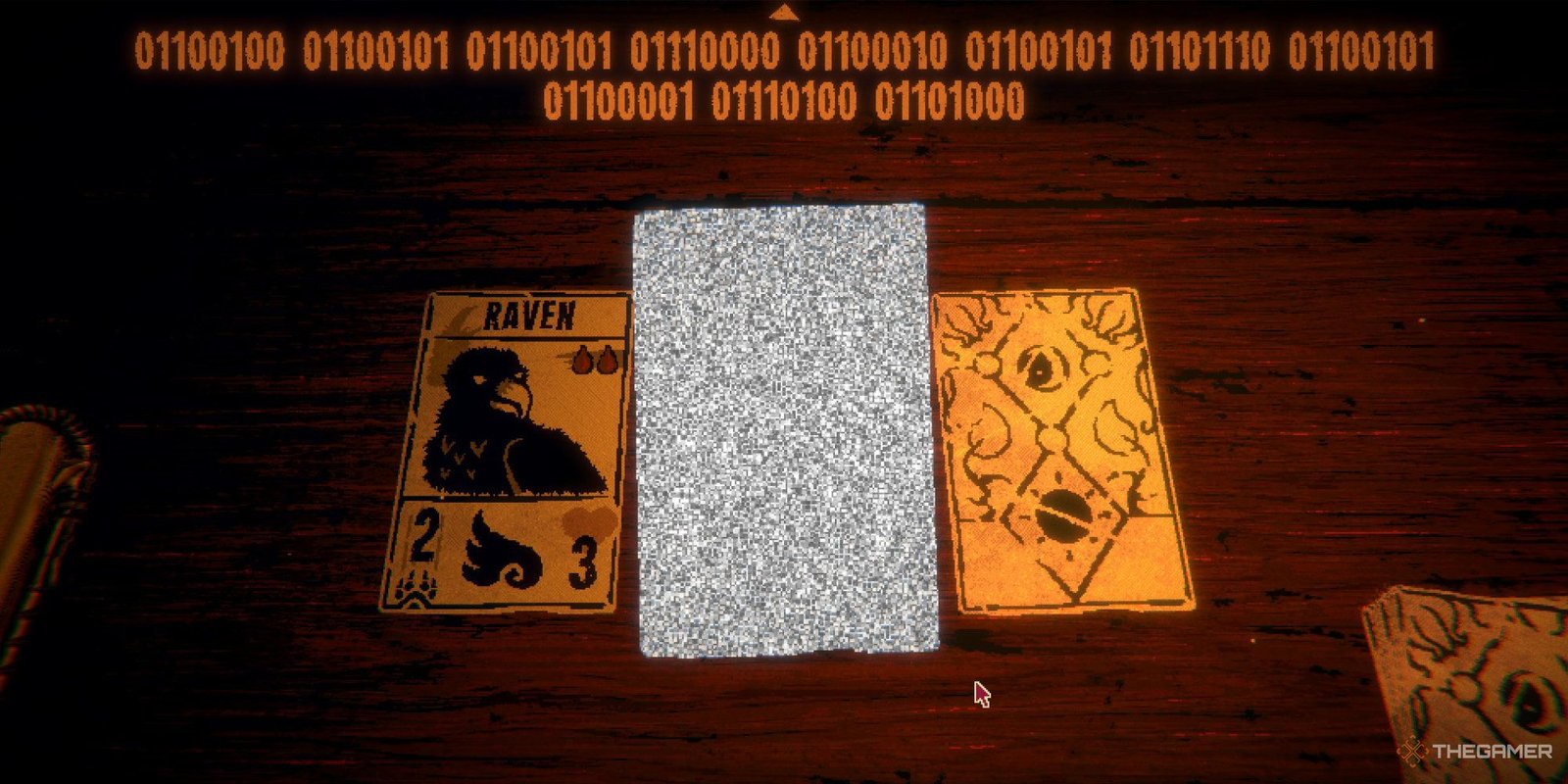 A card made of TV static stands out among normal game cards from Inscryption