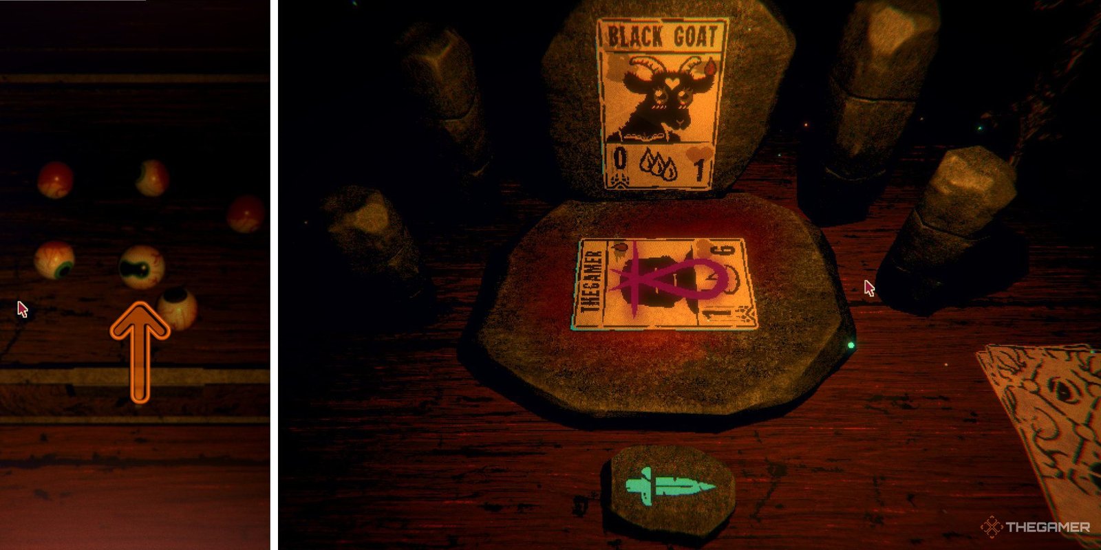 Split image of a box of eyes and of a cute goat card from Inscryption
