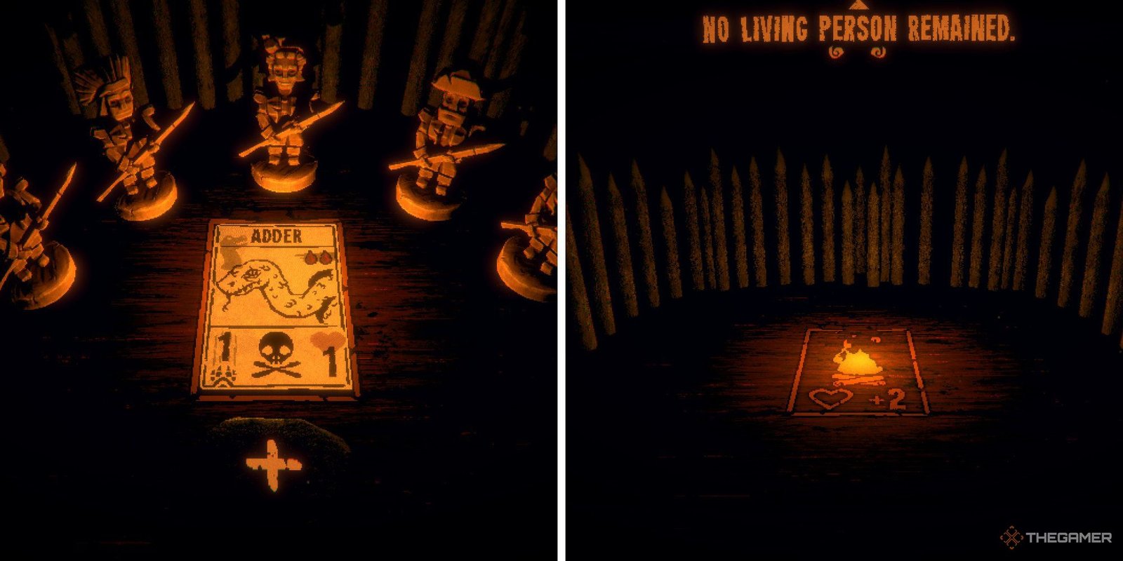 Split image of wooden campers around a snake card and of an empty camp from Inscryption.