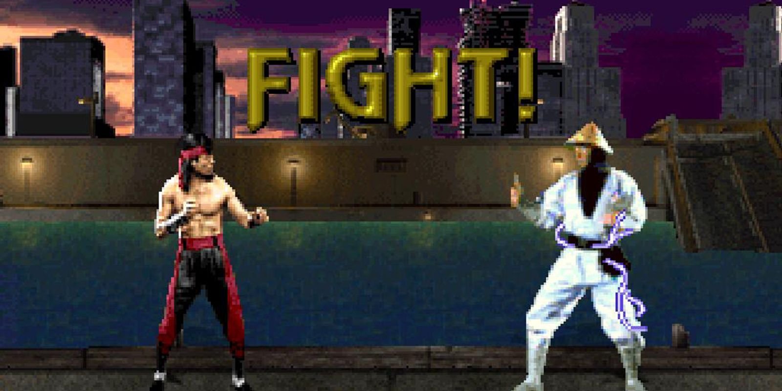 Liu Kang and Raiden fighting in front of a river in a city