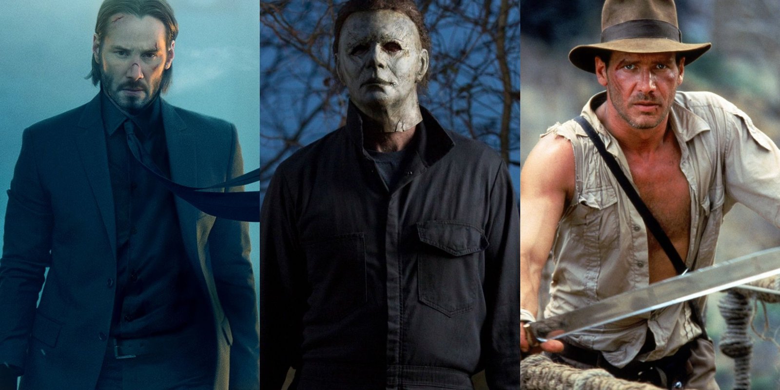 A collage of images showcasing John Wick, Michael Myers, and Indiana Jones