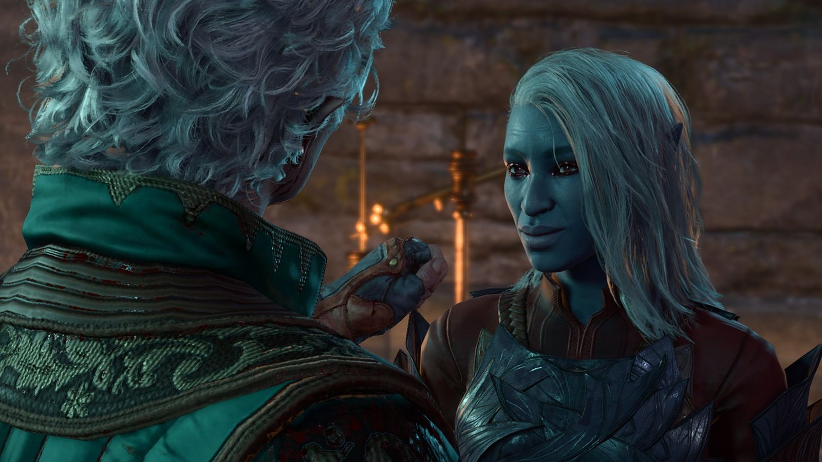 Baldur's Gate 3: Astarion is about to bite Araj Oblodra.