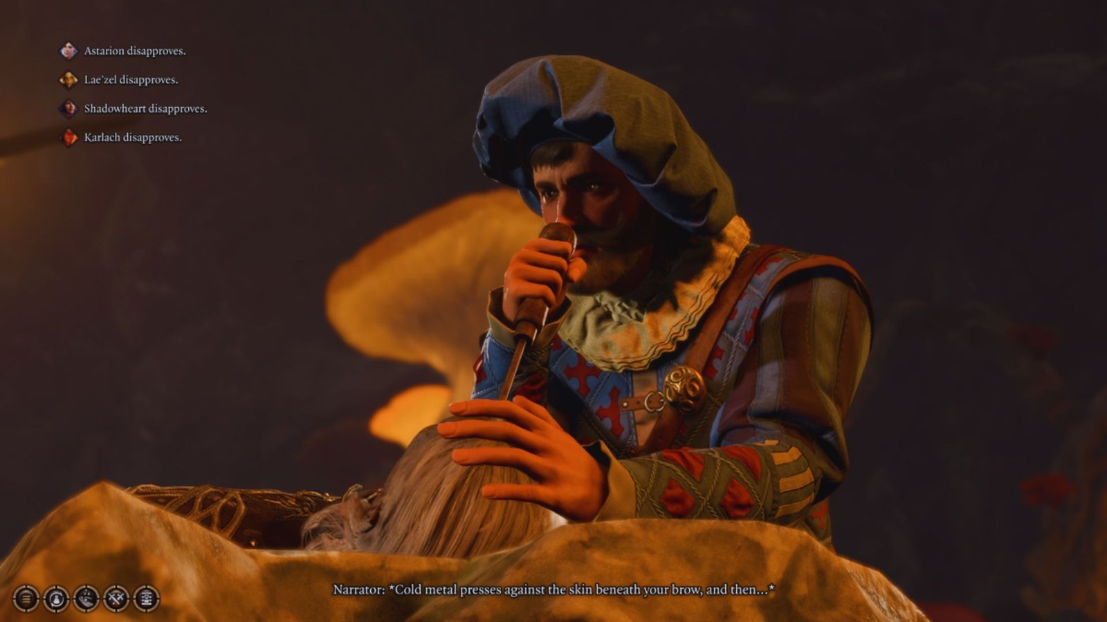 Baldur's Gate 3 - Volo blinds the player with an ice pick while everyone judges them
